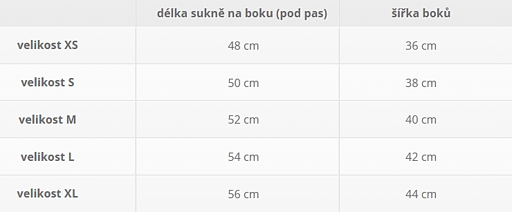 Těhotenská sukně nízký pas Tabulka velikostí